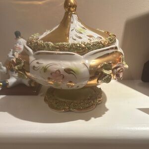 Ornate Porcelain Covered Candy Dish with Gold Accents